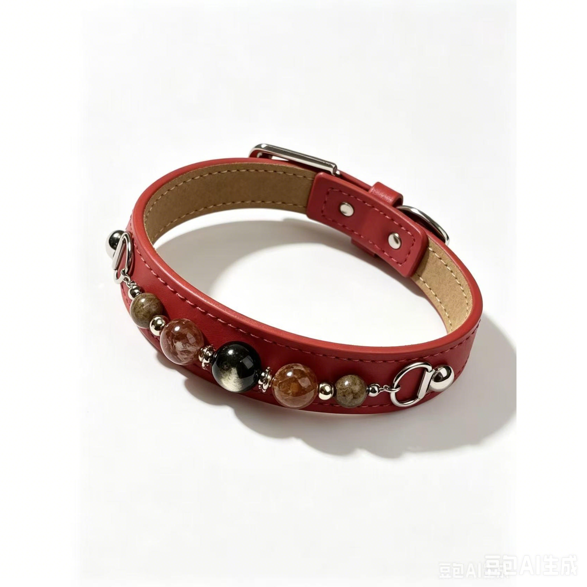 Red Leather Crystal Pet Collar | Natural Gemstone Dog & Cat Collar with Safety Buckle - 图片 3