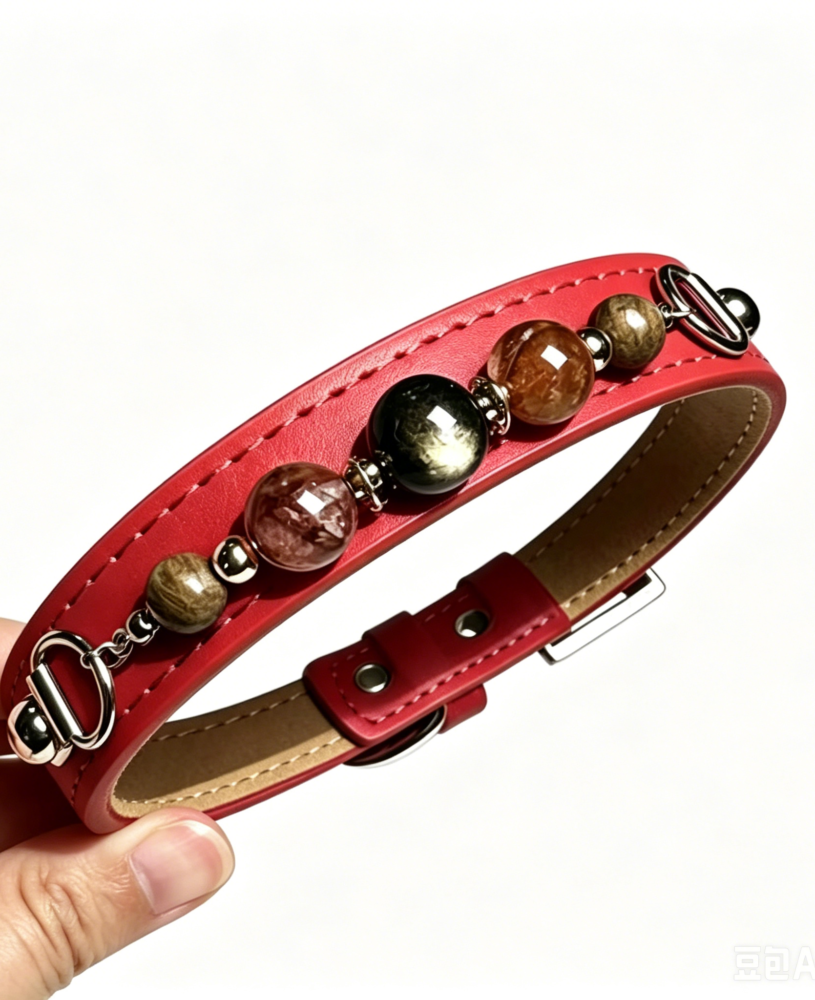 Red Leather Crystal Pet Collar | Natural Gemstone Dog & Cat Collar with Safety Buckle