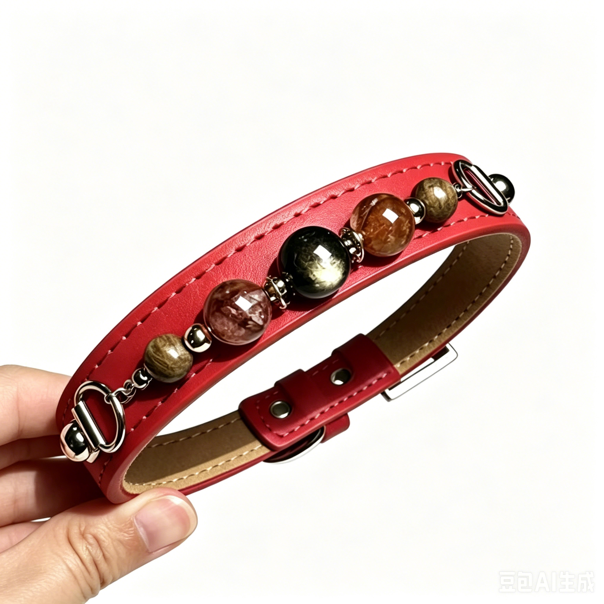 Red Leather Crystal Pet Collar | Natural Gemstone Dog & Cat Collar with Safety Buckle