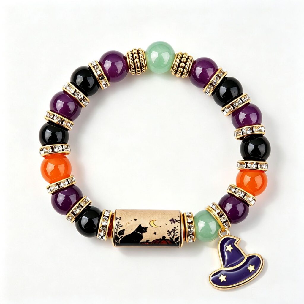 Halloween-themed charm bracelet with cute ghost and magic hat pendant beads